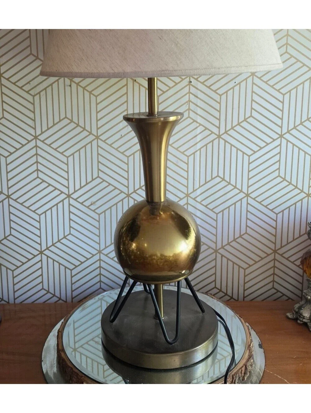 Vintage Mid Century Atomic Brass Orb Table Lamp Hairpin Legs And Weighted Base